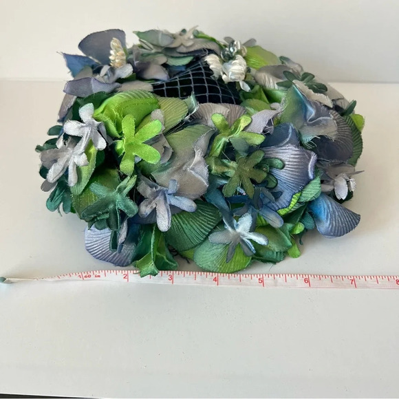 Elegant Vintage Modern Miss Blue Green Floral Pillbox Hat - Picture 8 of 12